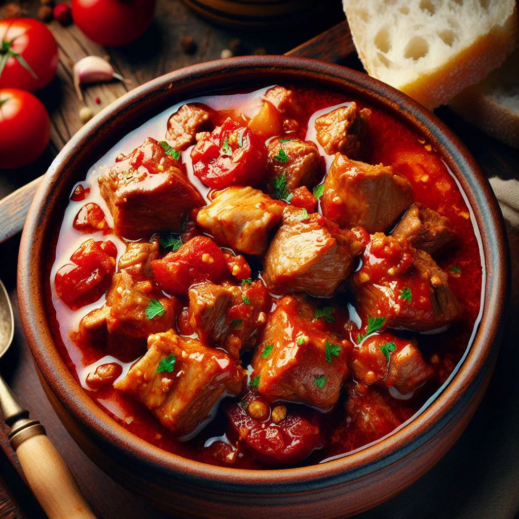 Tender pork pieces in a rich tomato and garlic sauce, served with polenta
