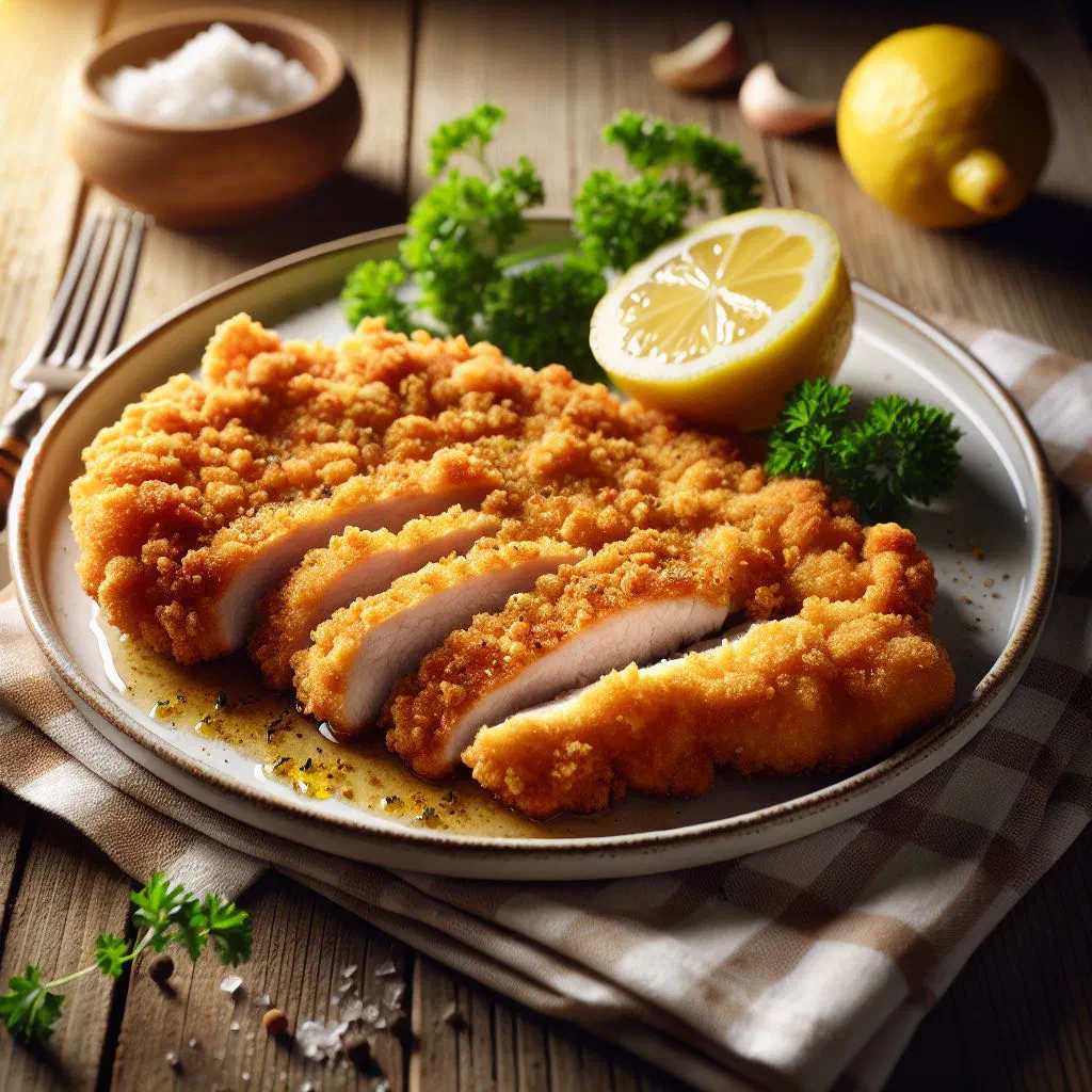 Golden breaded pork schnitzel served with a fresh side