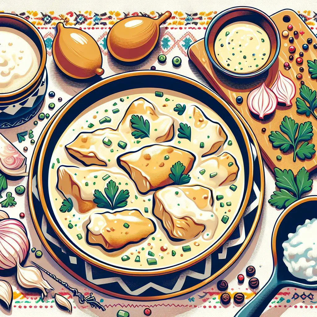Tender chicken pieces in a creamy sour cream sauce, garnished with fresh parsley