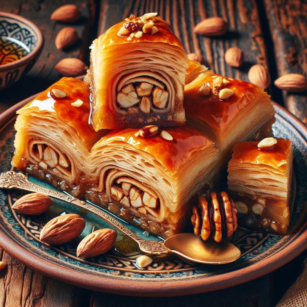 Diamond-cut Romanian baklava glazed with honey and layered with walnuts