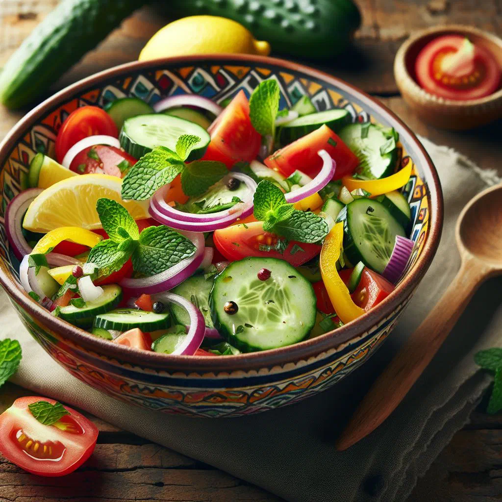 A colourful bowl of fresh Romanian mixed vegetable salad with cucumber, tomato and onion