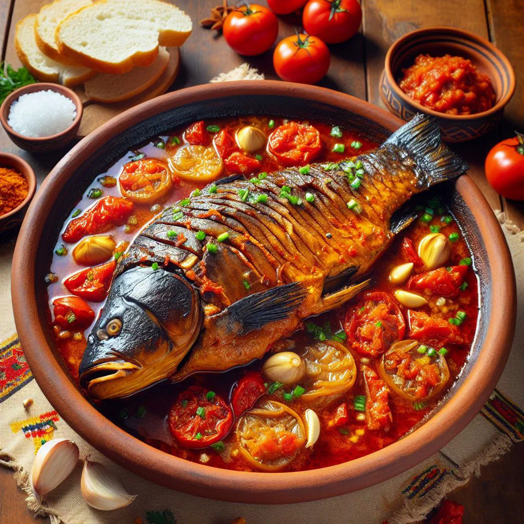 Grilled carp served in a garlicky brine with fresh parsley and polenta