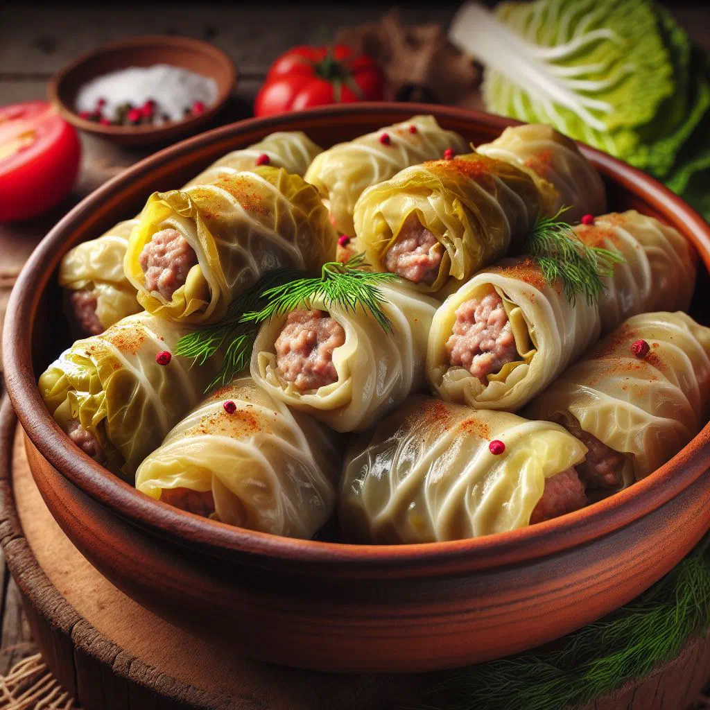 Romanian sarmale cabbage rolls in pickled cabbage, baked and served warm