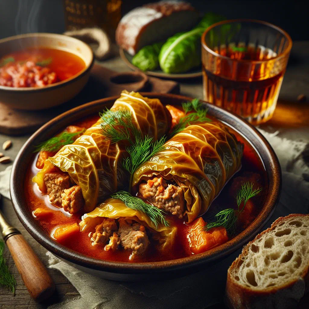 Sarmale pork and sauerkraut cabbage rolls served with sour cream and polenta