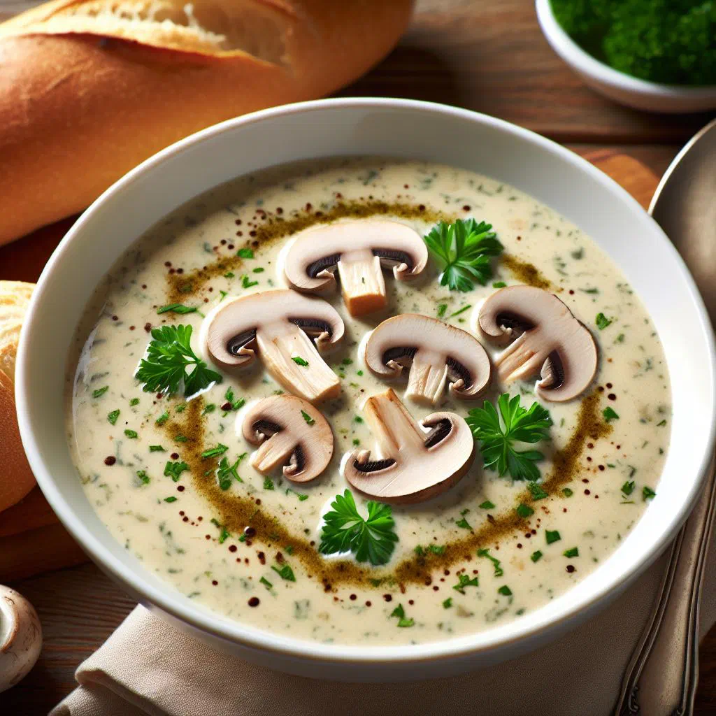 Creamy Romanian mushroom soup garnished with fresh parsley