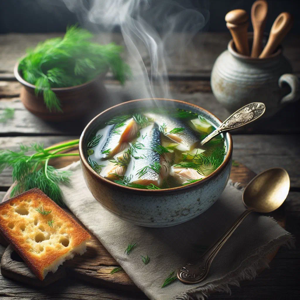 Bowl of Romanian fish soup with carrots and fresh dill
