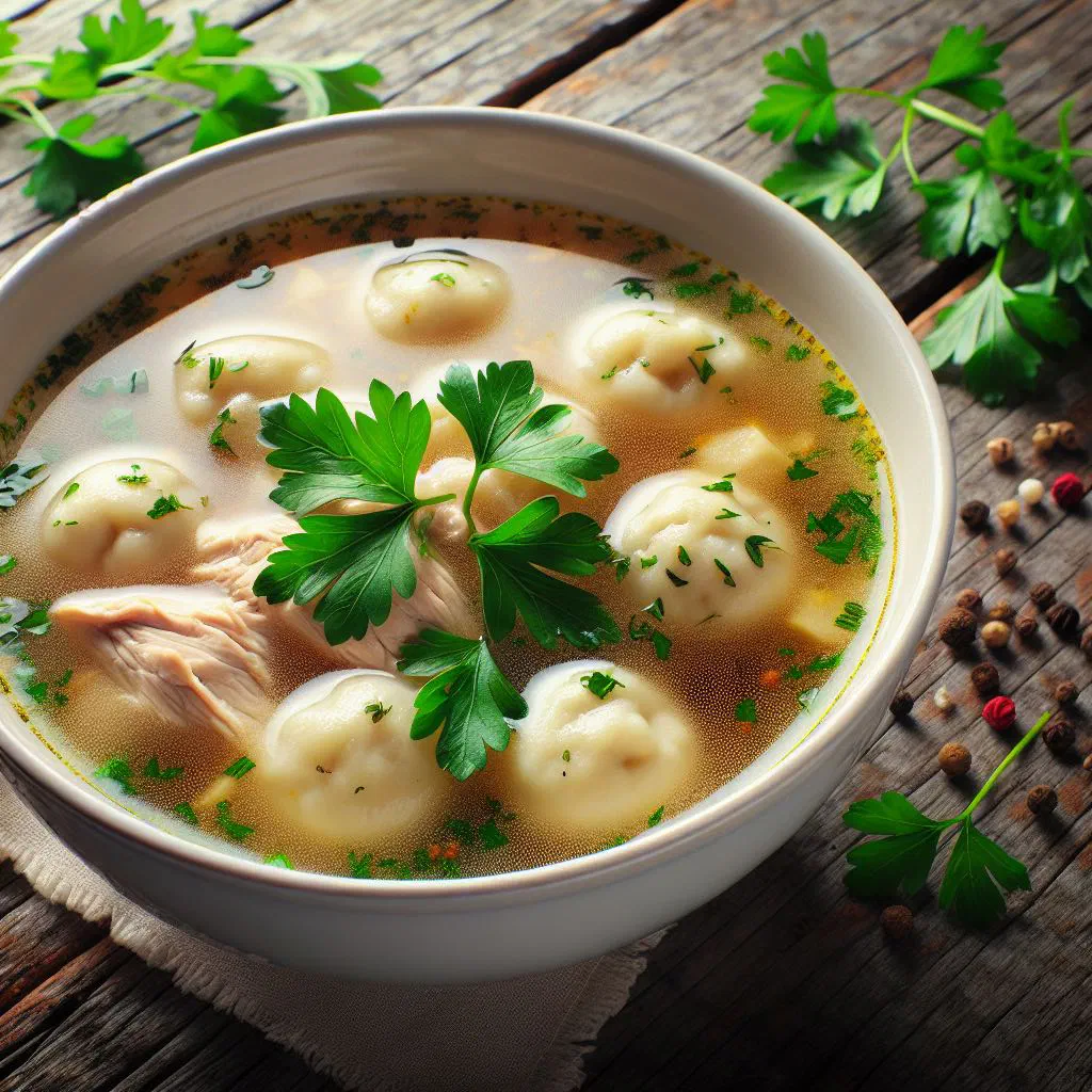 Bowl of Romanian chicken soup with fluffy semolina dumplings and fresh parsley