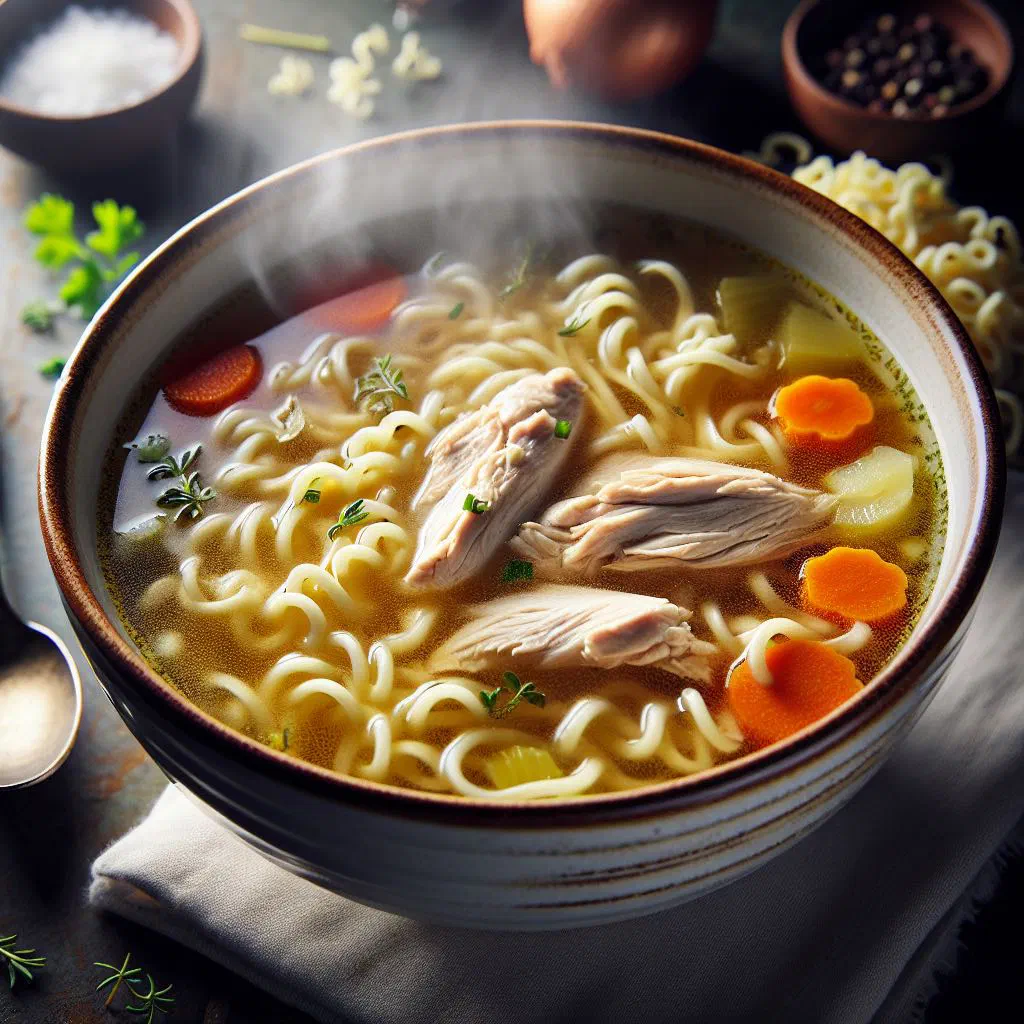 Romanian chicken noodle soup with carrots and fresh parsley in a deep bowl