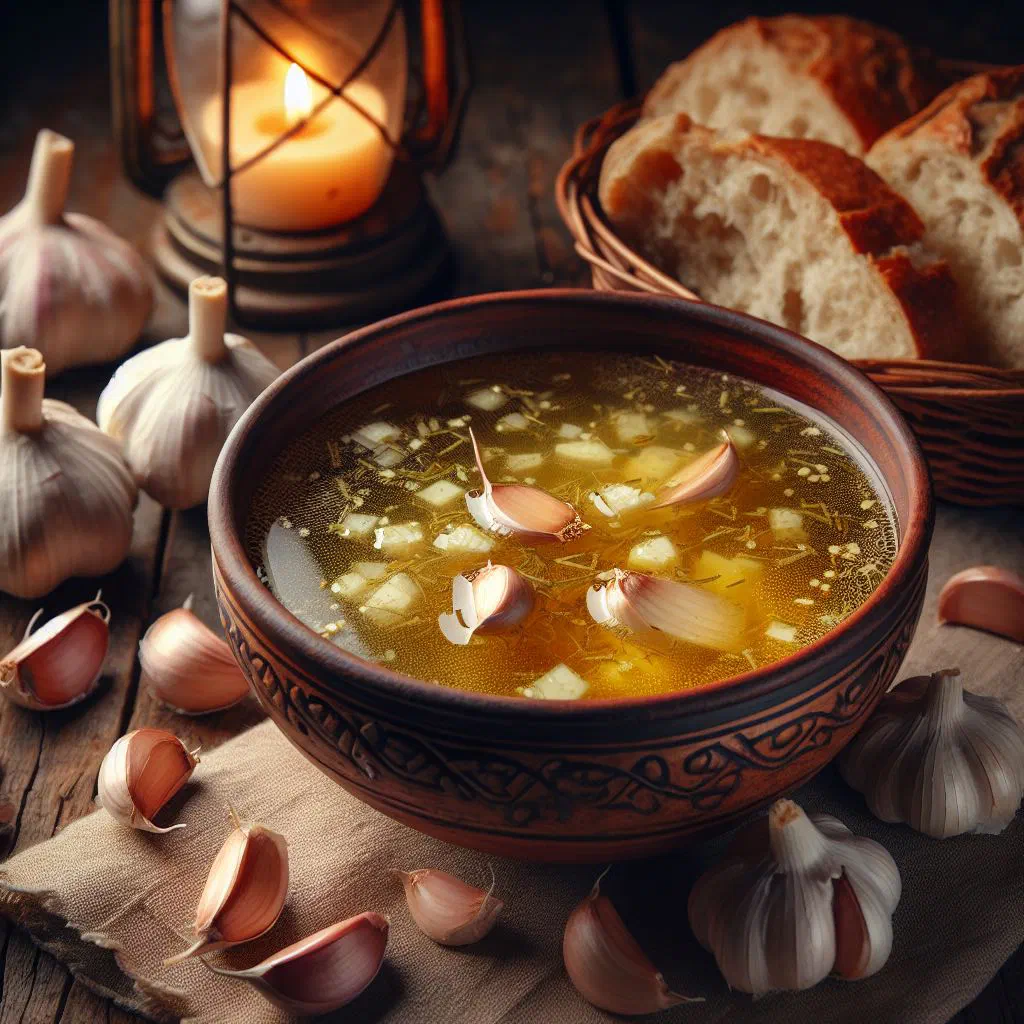 Creamy Romanian garlic soup garnished with fresh herbs
