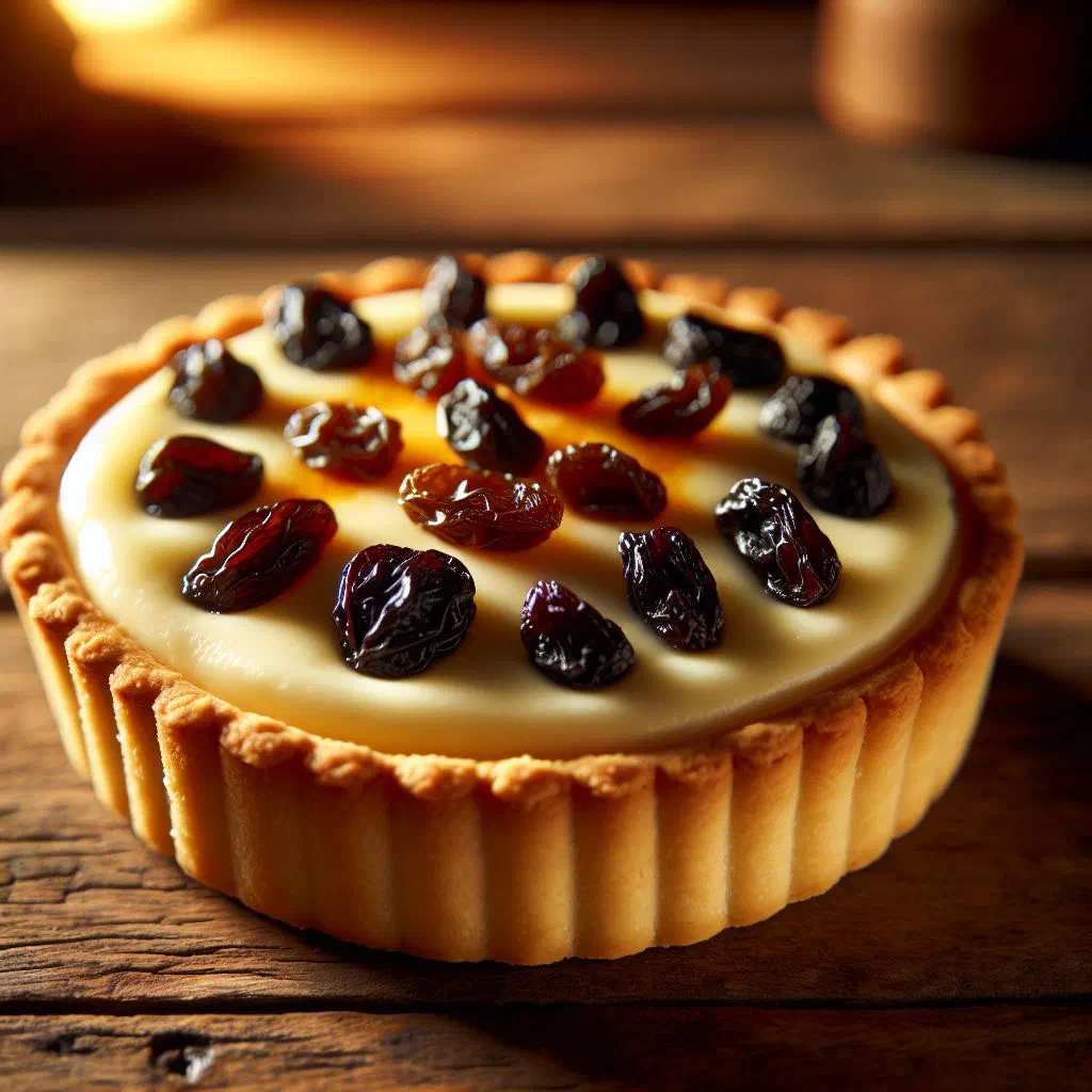 Golden Romanian sweet cheese tart with raisins, dusted with icing sugar