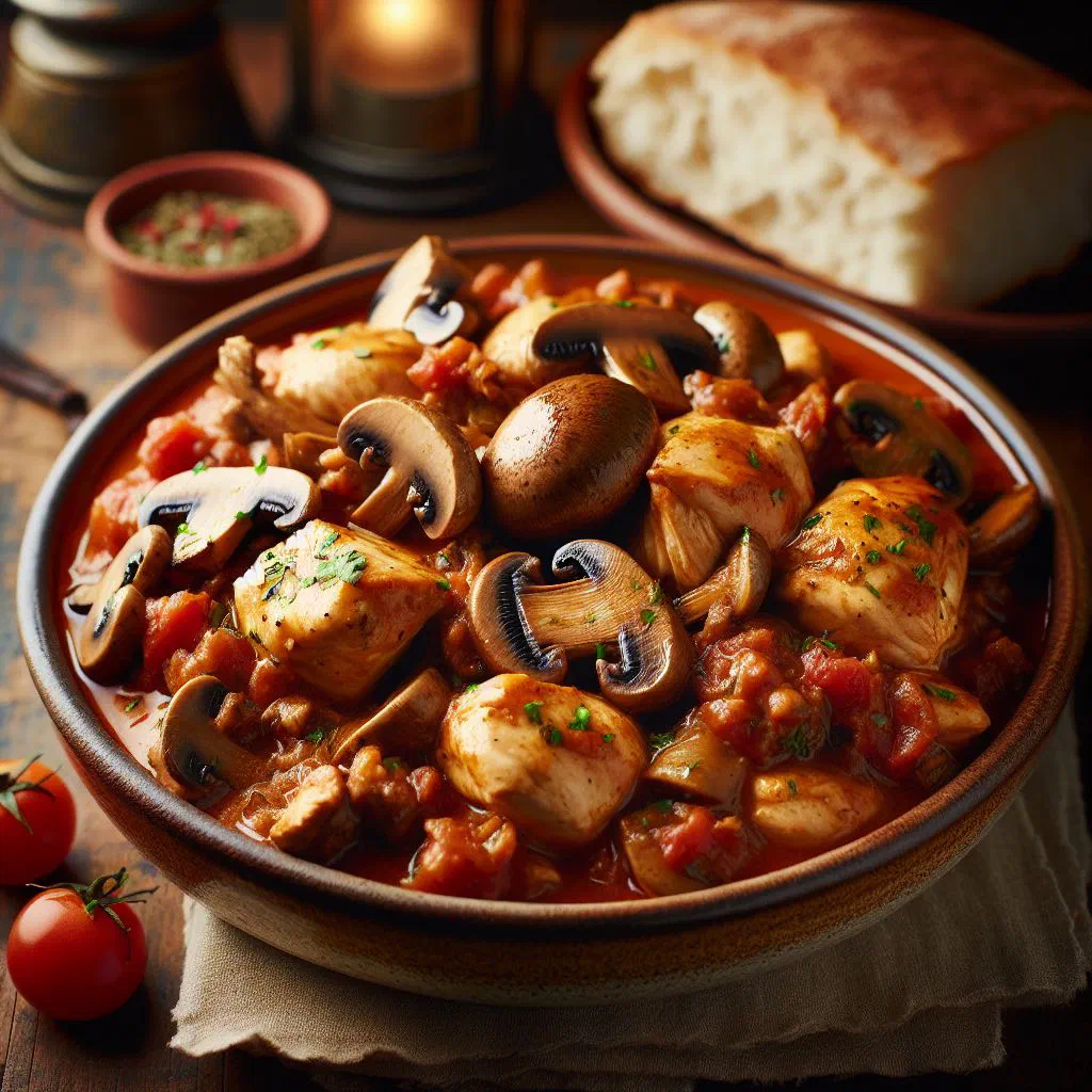 Romanian chicken and mushroom stew in a creamy sauce garnished with parsley