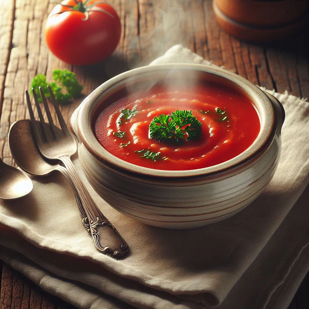 Bowl of Romanian tomato soup garnished with fresh basil leaves