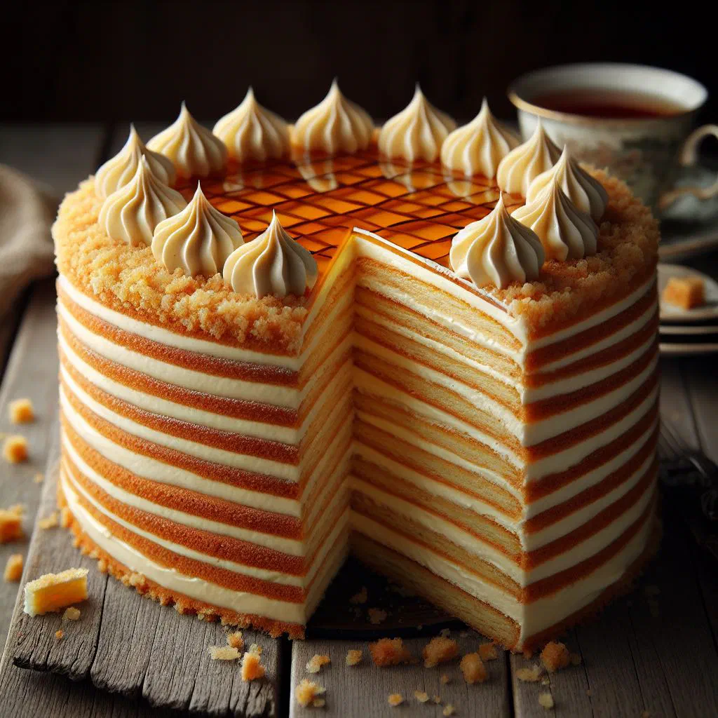 Sliced Tort Medovik honey cake with creamy layers on a plate