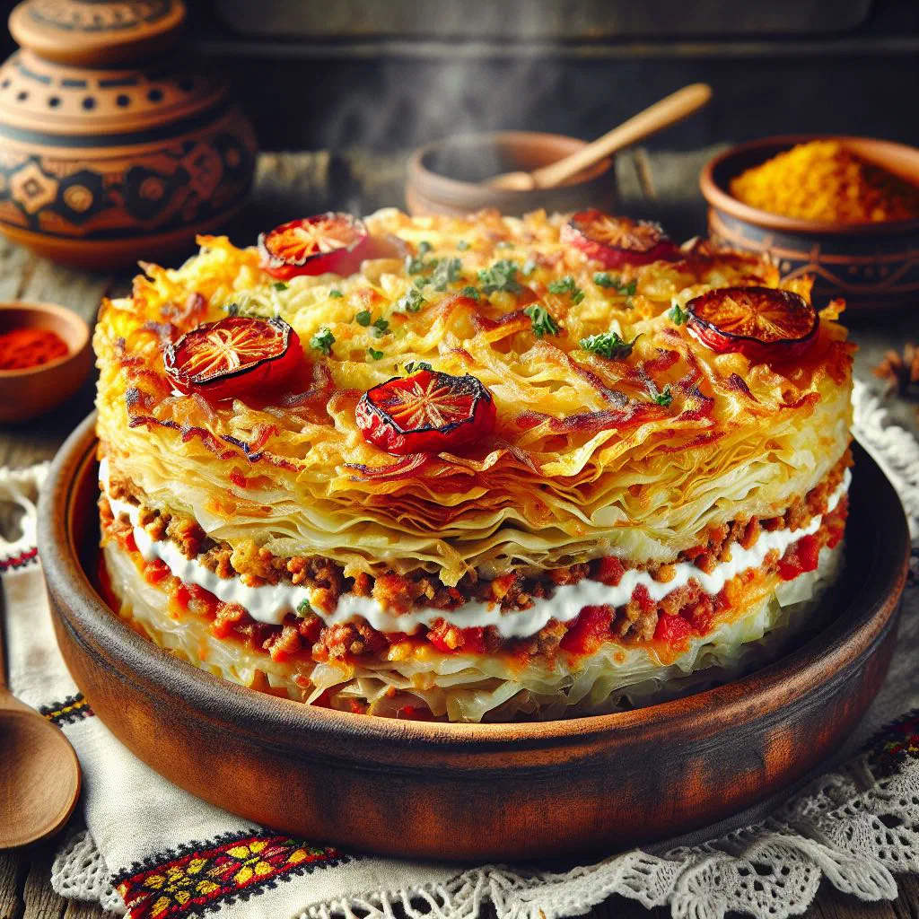 Layered sauerkraut and minced meat casserole Varză a la Cluj in a baking dish