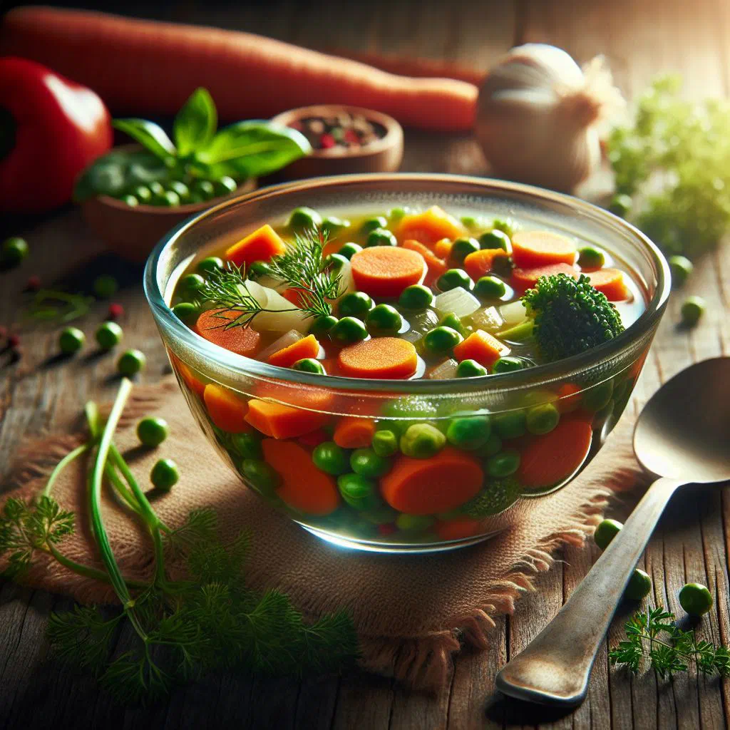 A bowl of Romanian vegetable soup garnished with fresh herbs