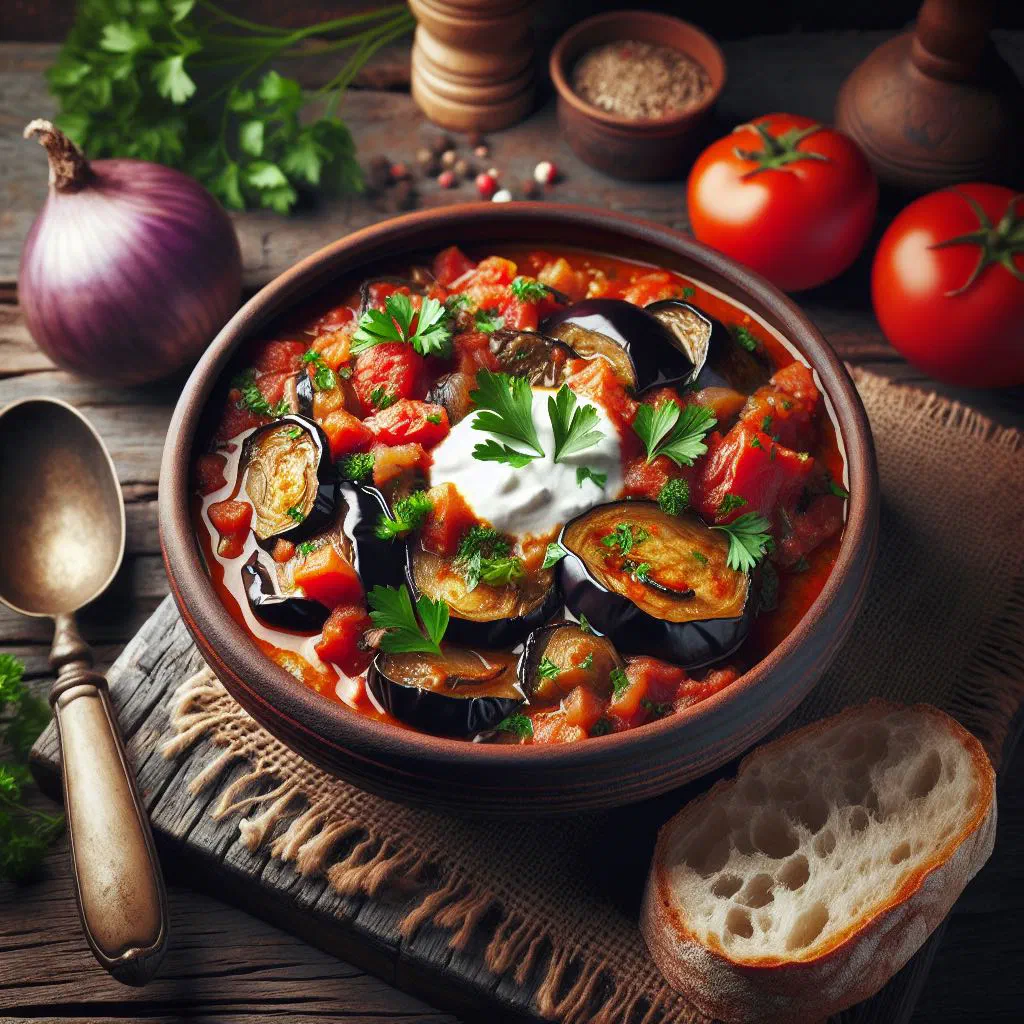 Bowl of Russian aubergine caviar garnished with fresh herbs