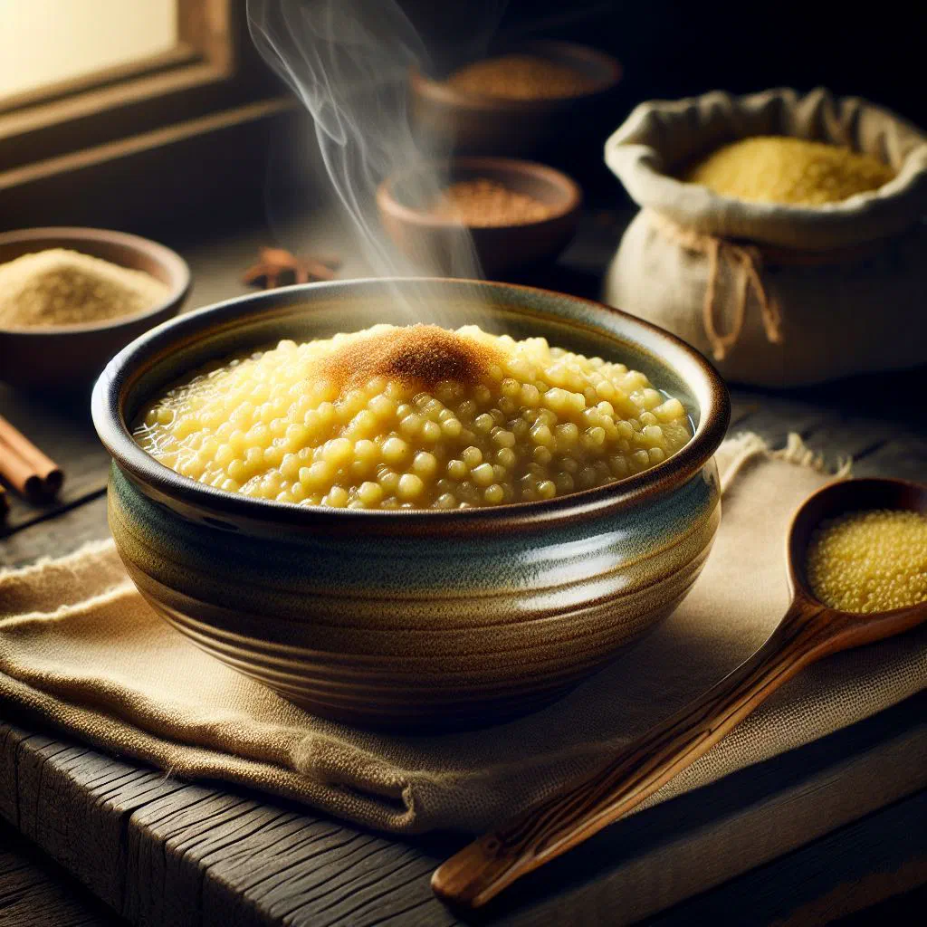 Golden baked millet porridge in a rustic dish topped with fresh herbs