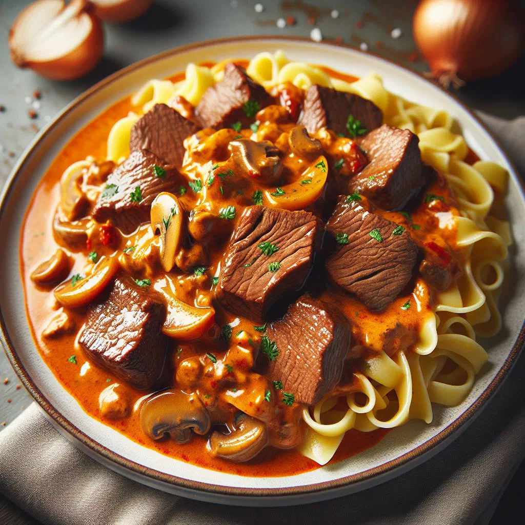Creamy beef stroganoff with mushrooms garnished with fresh parsley