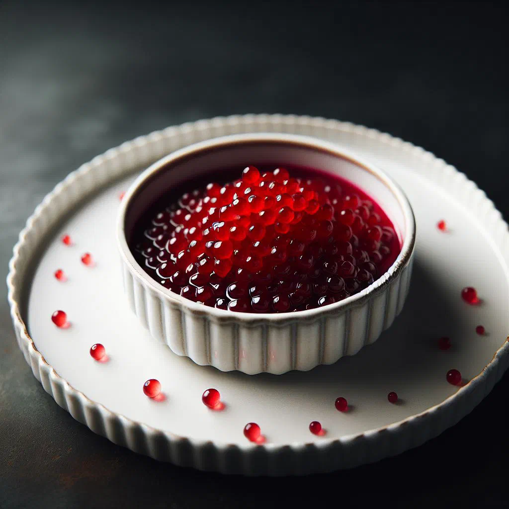Bowl of vibrant beetroot caviar garnished with fresh herbs