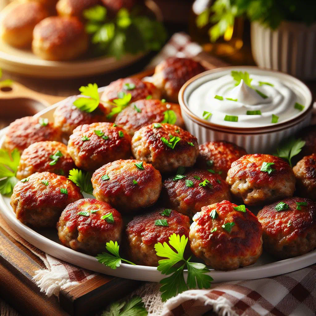 Russian bitochki meatballs in creamy sauce on a plate