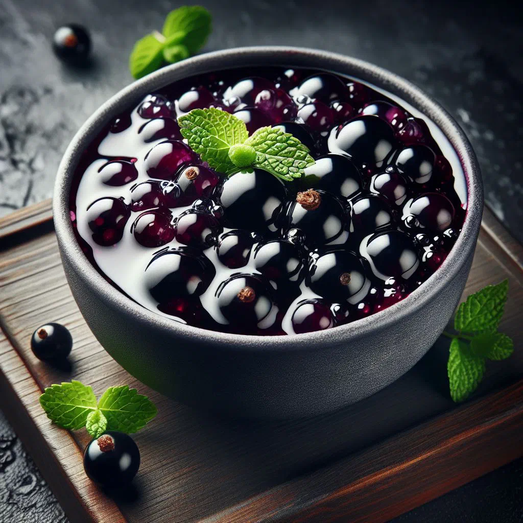 Bowl of deep purple blackcurrant kisel garnished with fresh mint