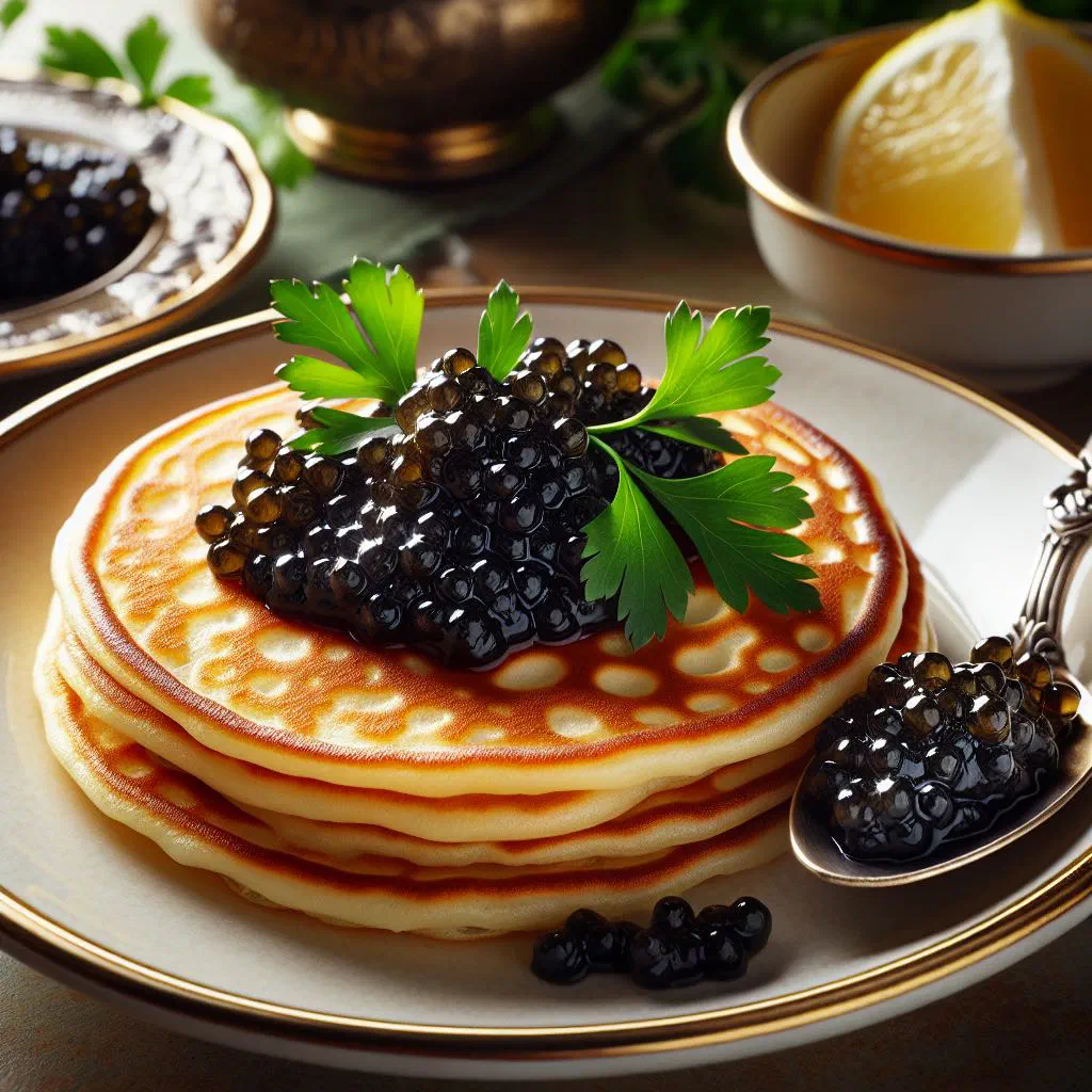 Stack of thin Russian blini topped with caviar and fresh dill