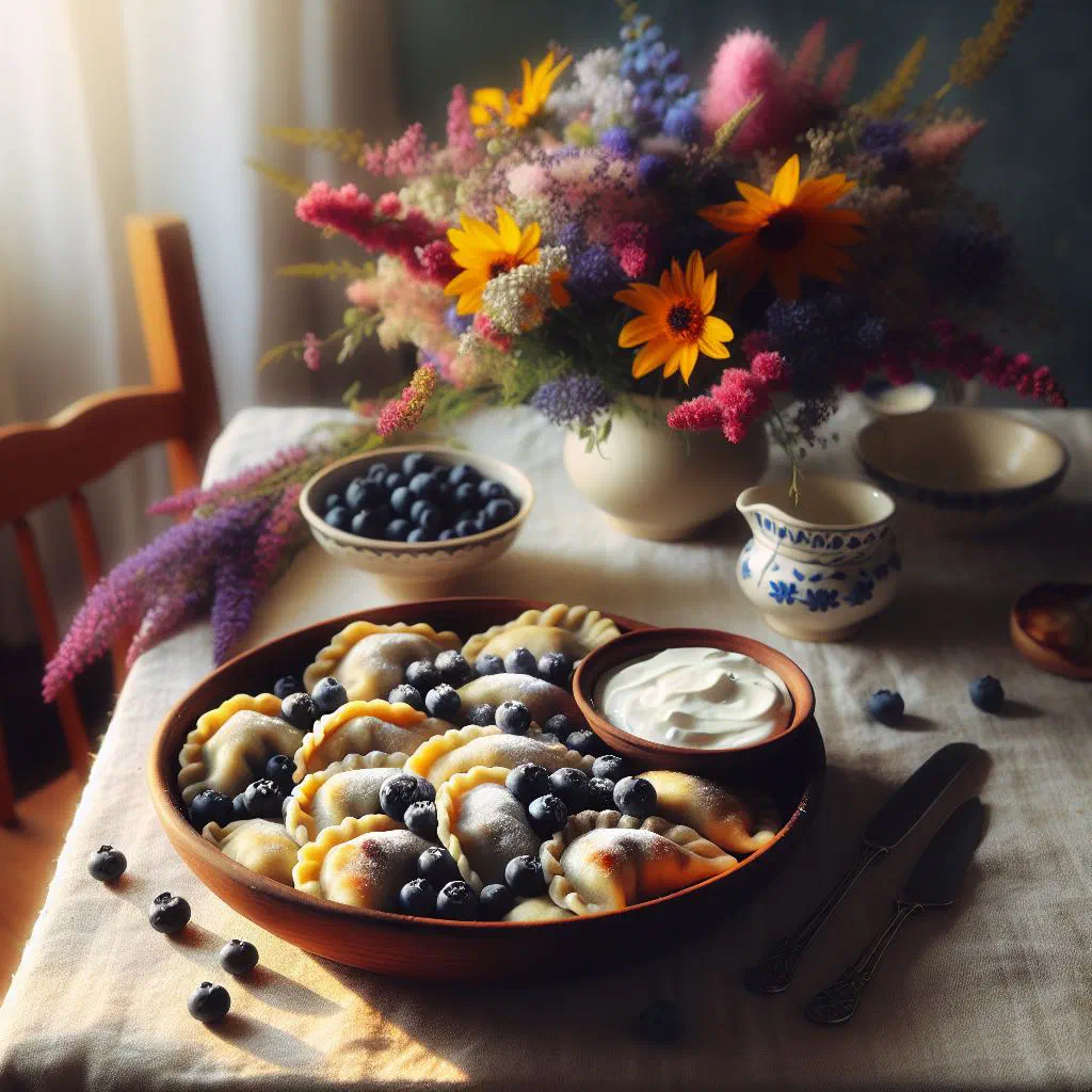 Blueberry vareniki dumplings topped with butter and fresh blueberries