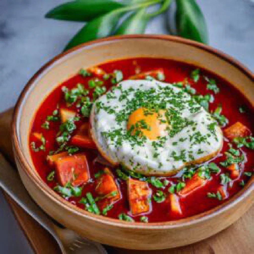 A deep red bowl of Russian borscht garnished with fresh parsley