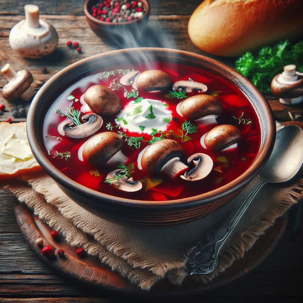Deep red borscht with mushrooms garnished with fresh dill and a swirl of yoghurt