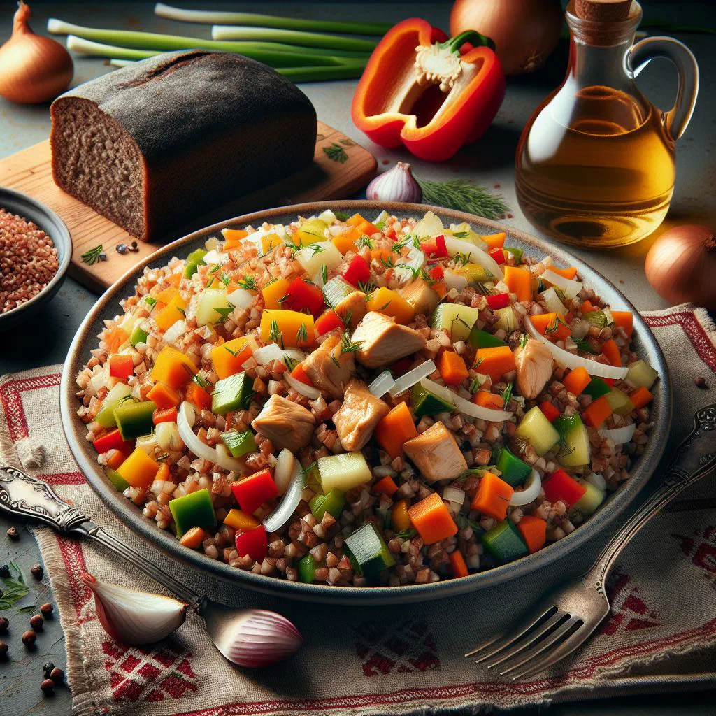 Buckwheat pilaf with carrots, peppers and fresh herbs in a bowl