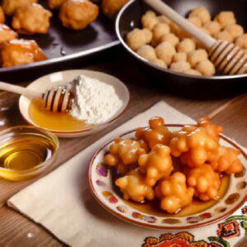 Golden fried dough pieces stacked in a mound and glazed with honey syrup