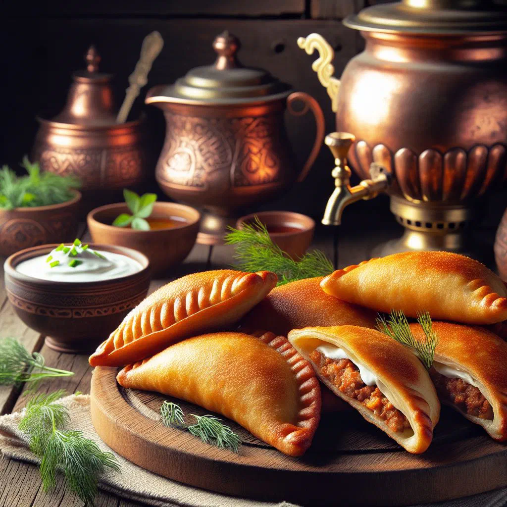 Golden deep-fried chebureki pastries filled with spiced minced meat on a plate