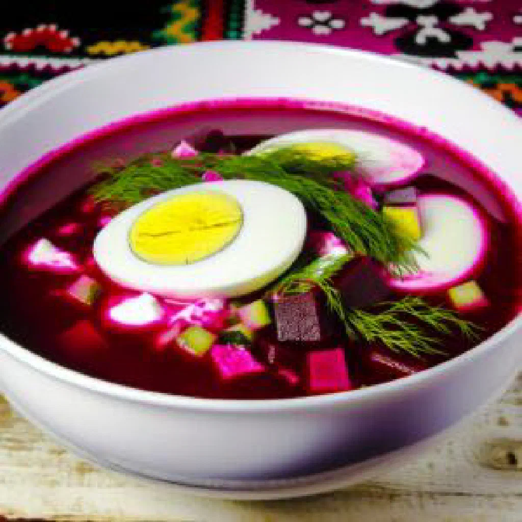 Bowl of chilled pink beetroot chlodnik garnished with dill and sliced egg