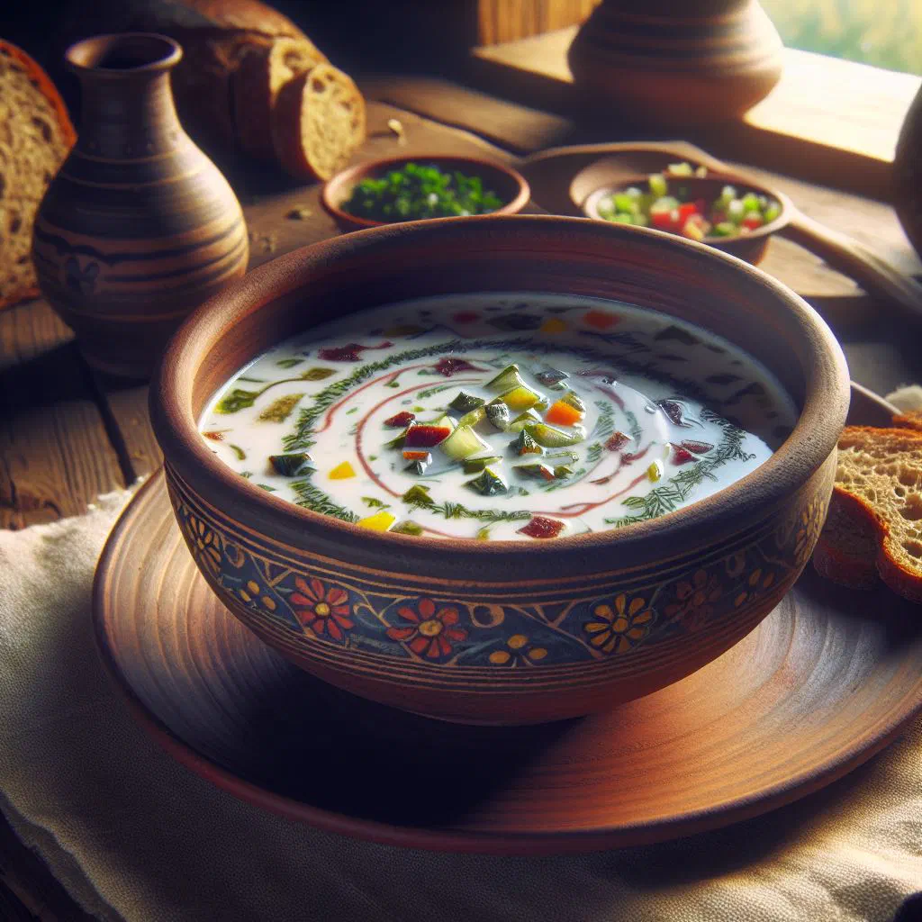 Bowl of cold kefir soup with cucumber, radishes and fresh dill