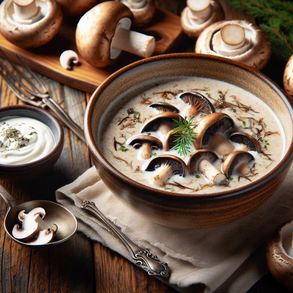 Bowl of creamy wild mushroom soup garnished with fresh dill