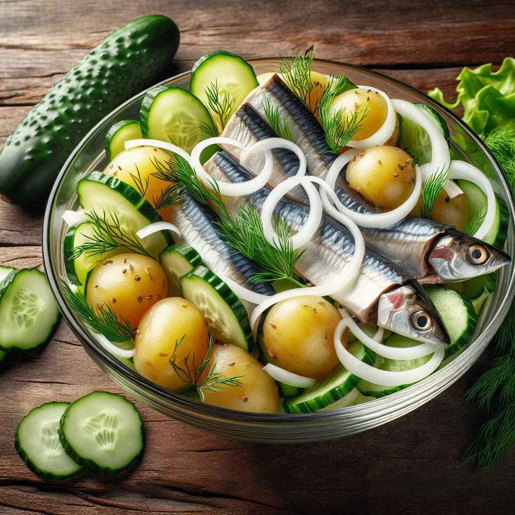 Cucumber and herring salad with onion and fresh dill in a bowl