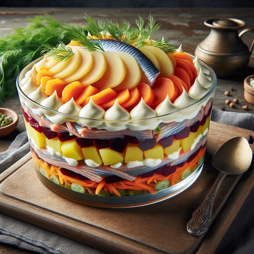 Layered dressed herring salad topped with bright pink beetroot and fresh dill