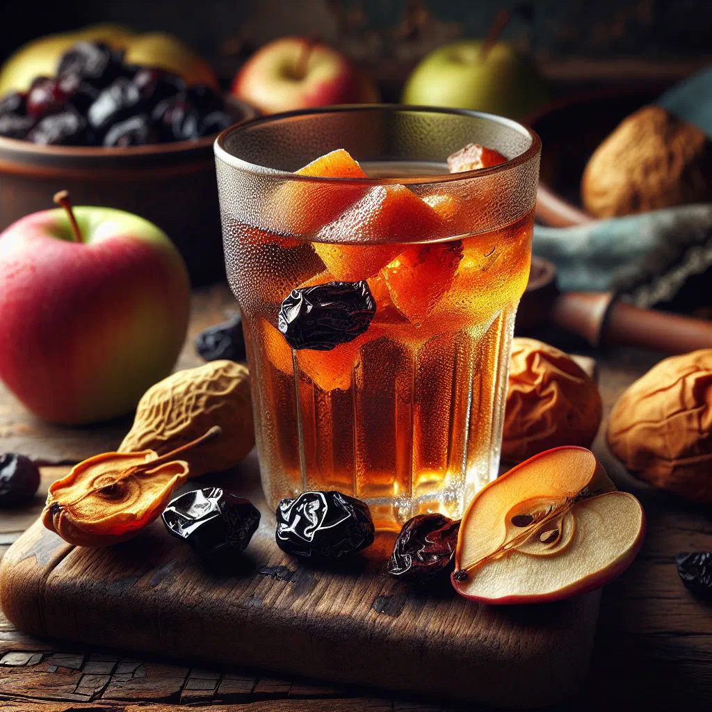 A glass of golden dried fruit uzvar with cinnamon and dried fruit