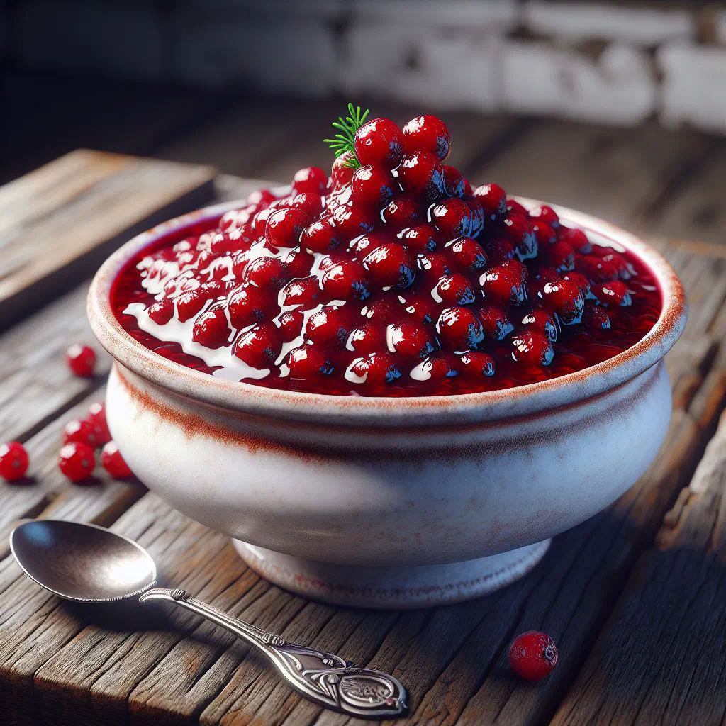 A glass of deep red forest berry kissel topped with fresh berries and mint