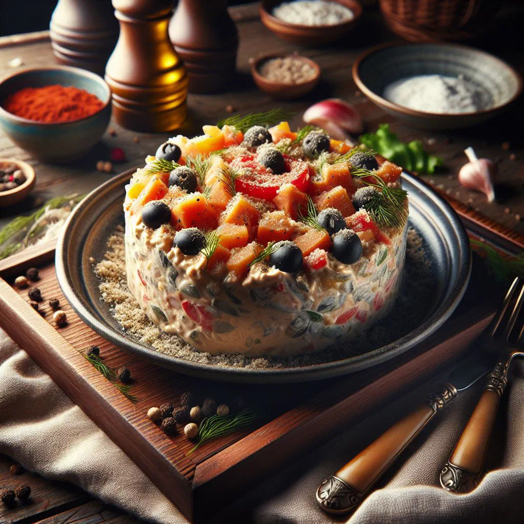 Creamy forshmak herring spread garnished with fresh dill