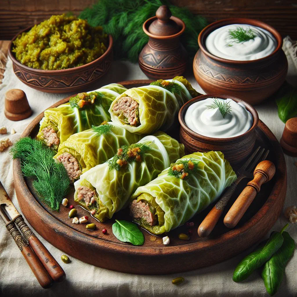Golubtsy cabbage rolls in a tomato broth garnished with fresh dill