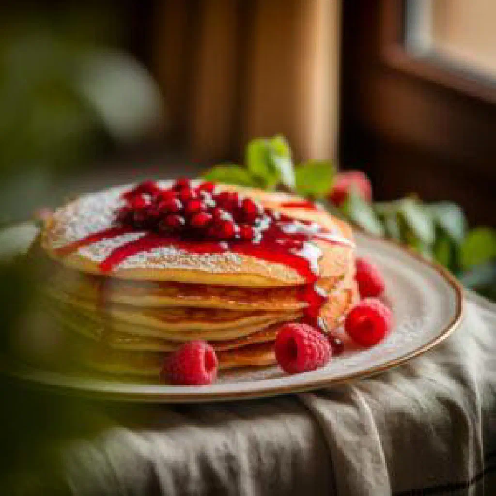 Golden buckwheat pancakes served with a spoonful of soured cream