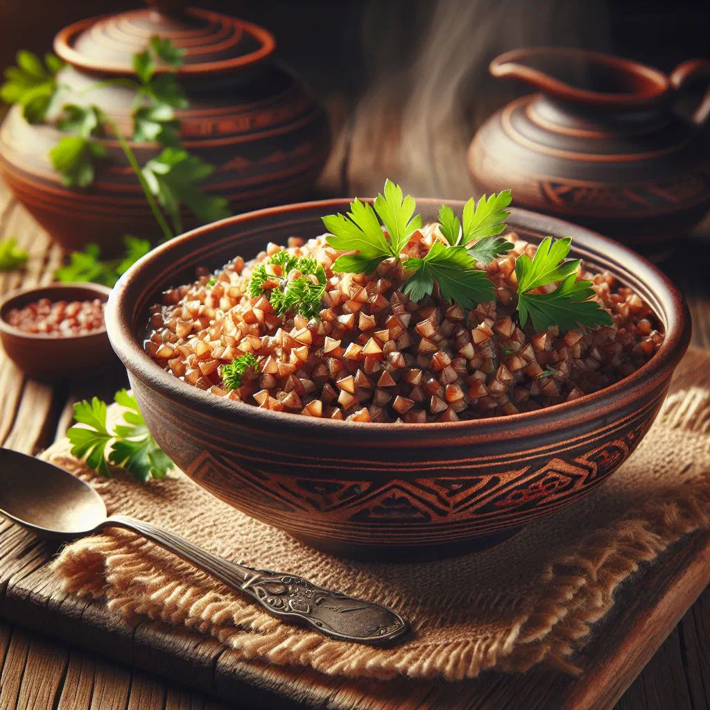 Bowl of cooked buckwheat kasha with sautéed onion and carrot, garnished with fresh herbs