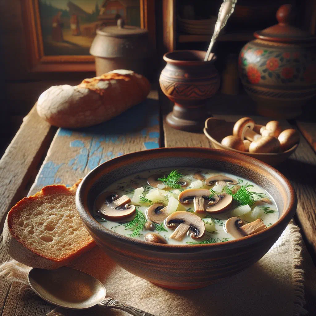 Bowl of Russian mushroom soup garnished with fresh dill