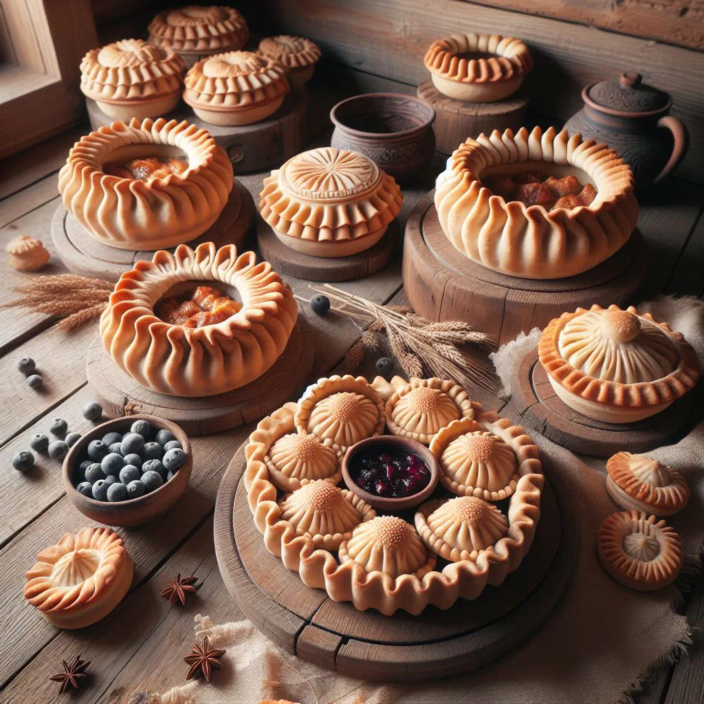 Golden open-faced Russian kalitki pastries with potato filling on a wooden board