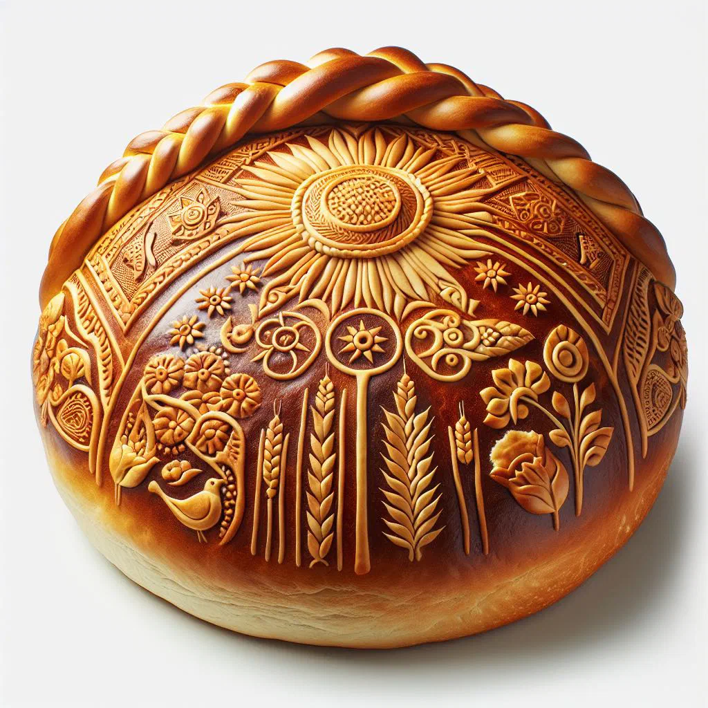 Round decorated Karavai bread on a wooden board