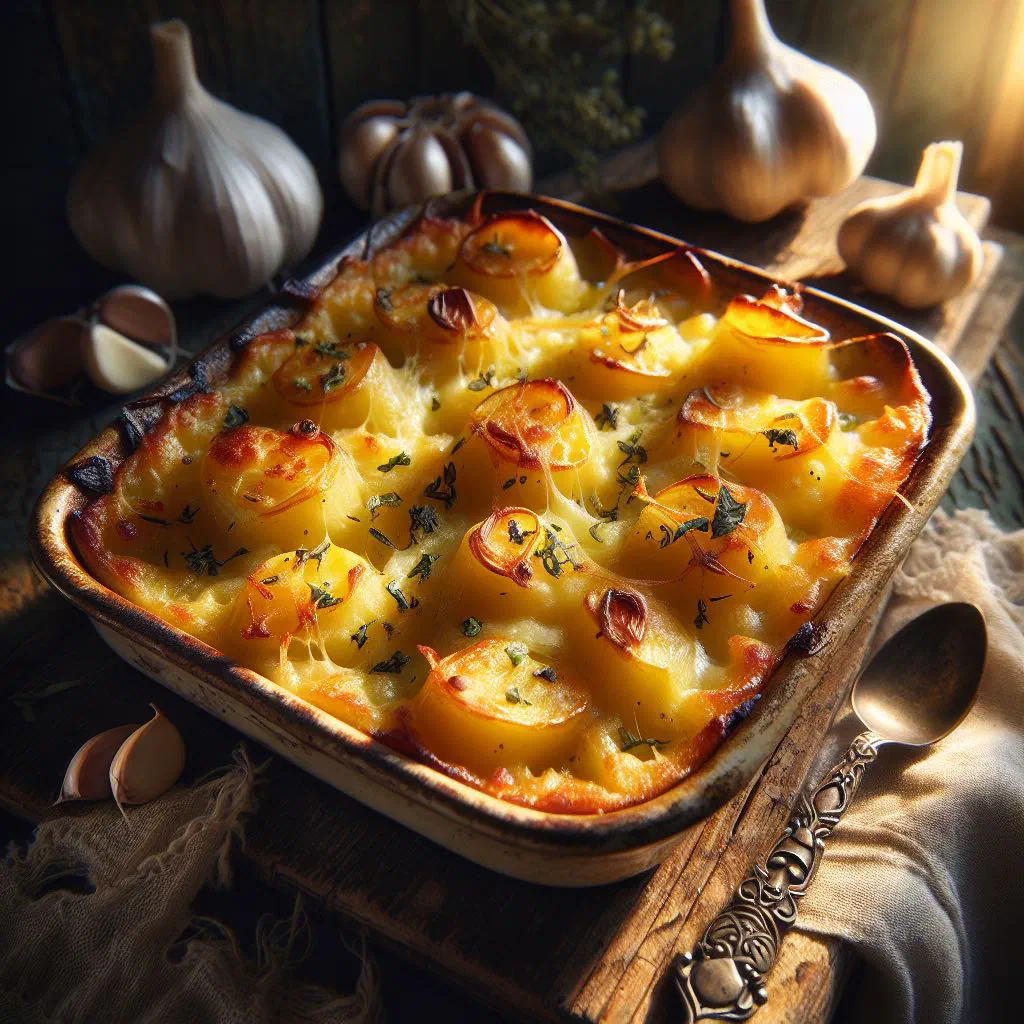Golden baked Kartoshka gratin with a crisp cheese crust and fresh herbs
