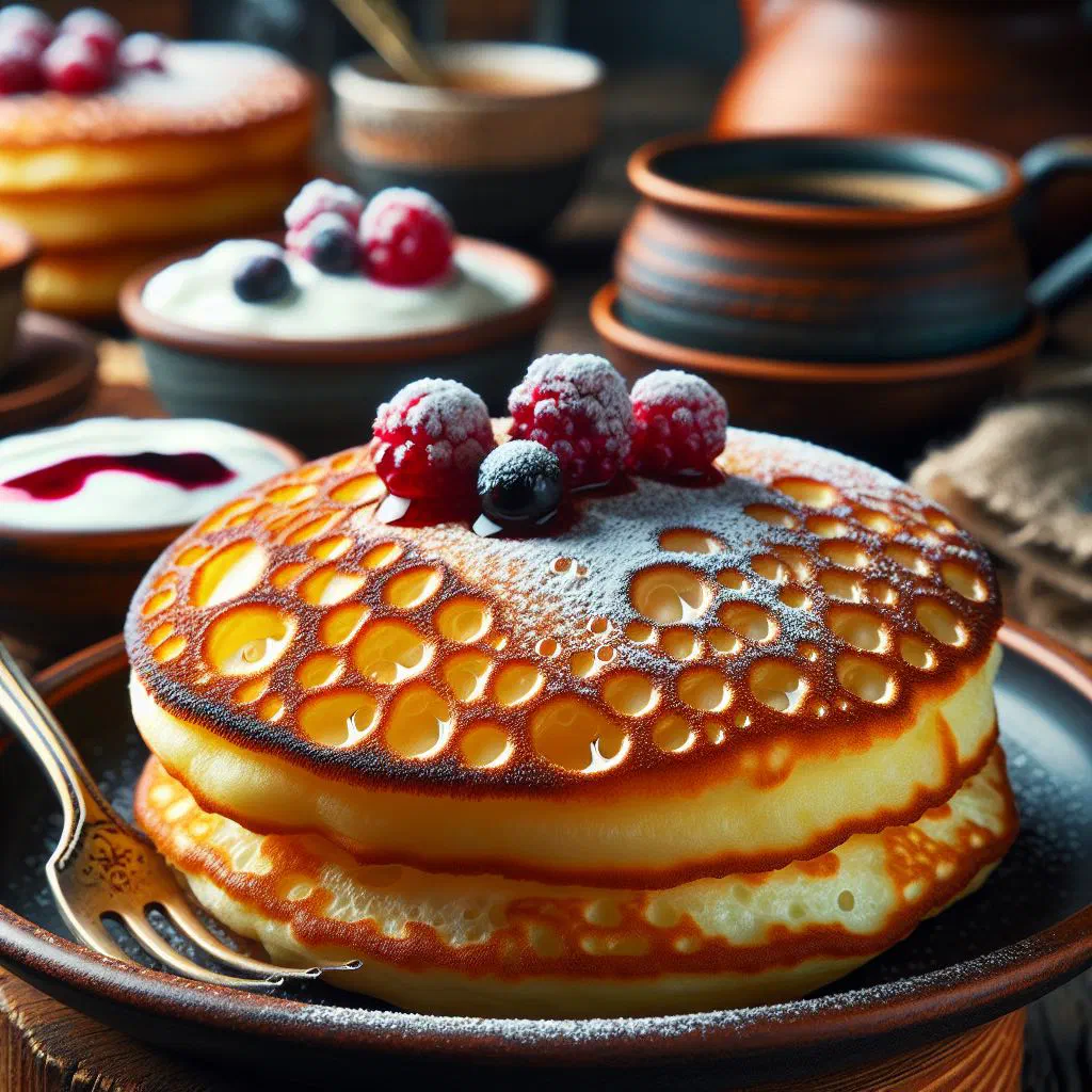 A stack of fluffy kefir oladki pancakes dusted with icing sugar and topped with berries