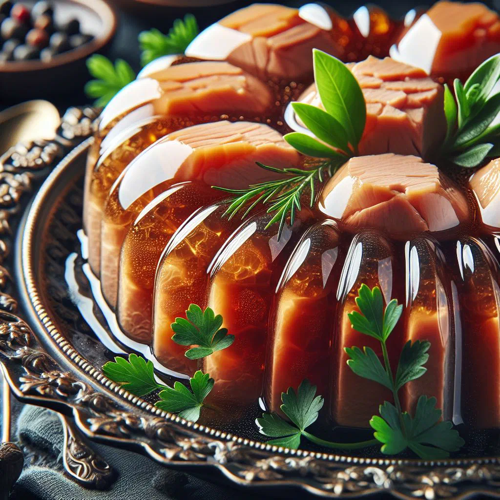 Set kholodets meat aspic garnished with parsley and sliced carrots