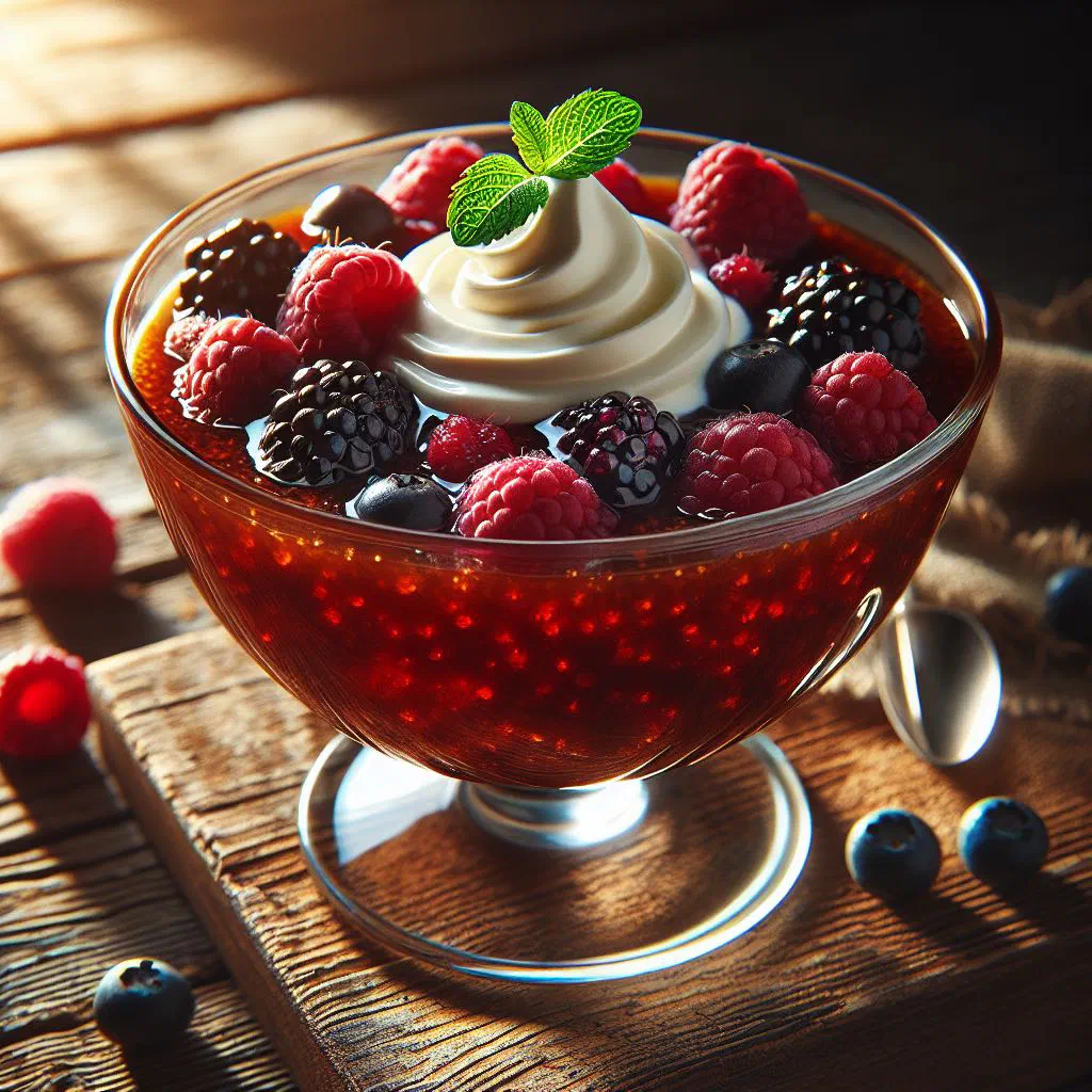 Bowl of glossy berry kisel topped with fresh berries and mint